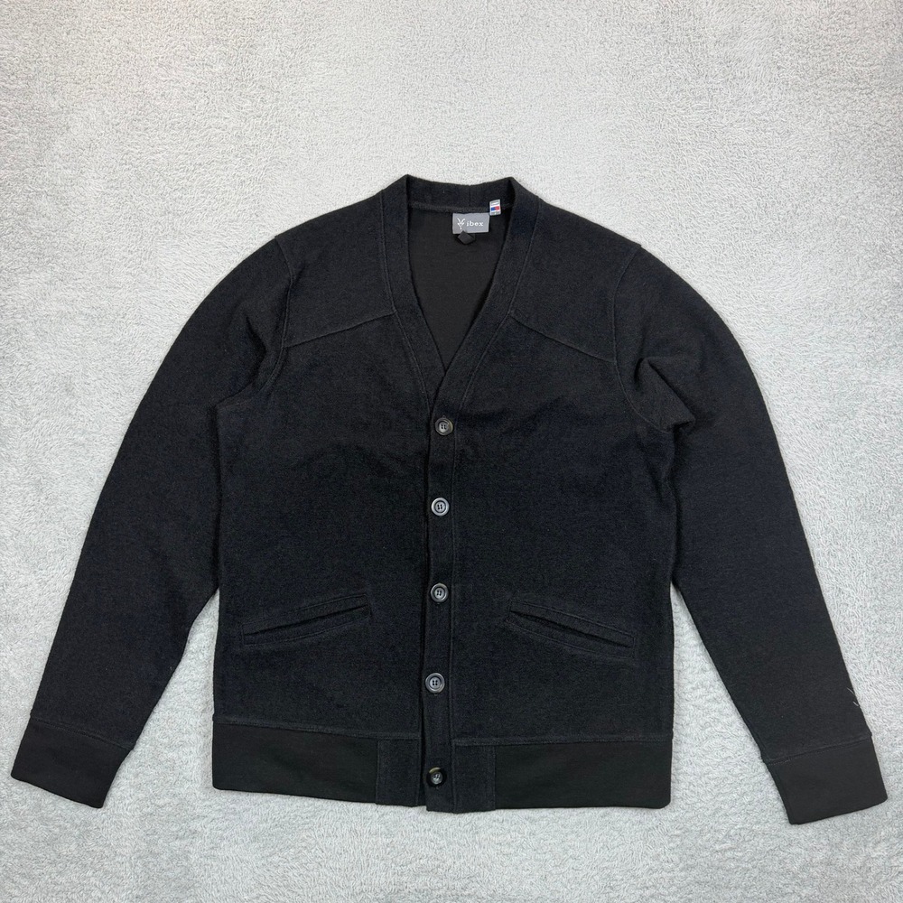 Ibex Merino Wool Cardigan Sweater Mens Large Black Full Button Elbow Patches USA